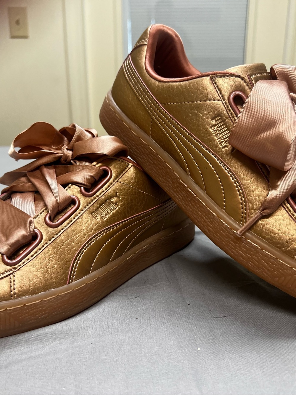 Puma Women's Metallic Rose Gold Low-Top Sneakers with Satin Ribbon Laces